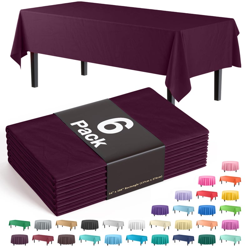 Party Solids 6-Pack Premium Plastic Tablecloth 54in. x 108in. Rectangle Plastic Table Cover - Plum - Image 1